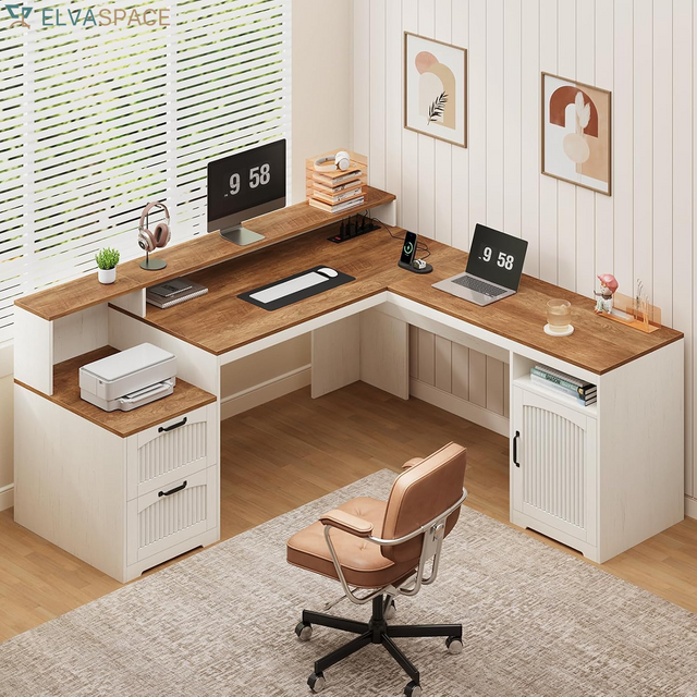 63" Farmhouse L Shaped Executive Desk with Drawers & Storage Shelf, Corner Fluted Computer Desk with Power Outlets, L Shaped Office Desk with Monitor Stand, Printer Shelf