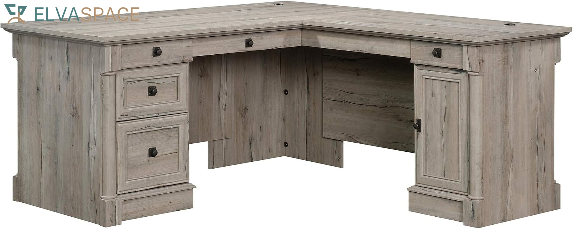 Palladia L Shaped Desk with Drawers, Office Desk with File Cabinet Storage, Cable Management, Keyboard Tray, in Select Cherry Finish