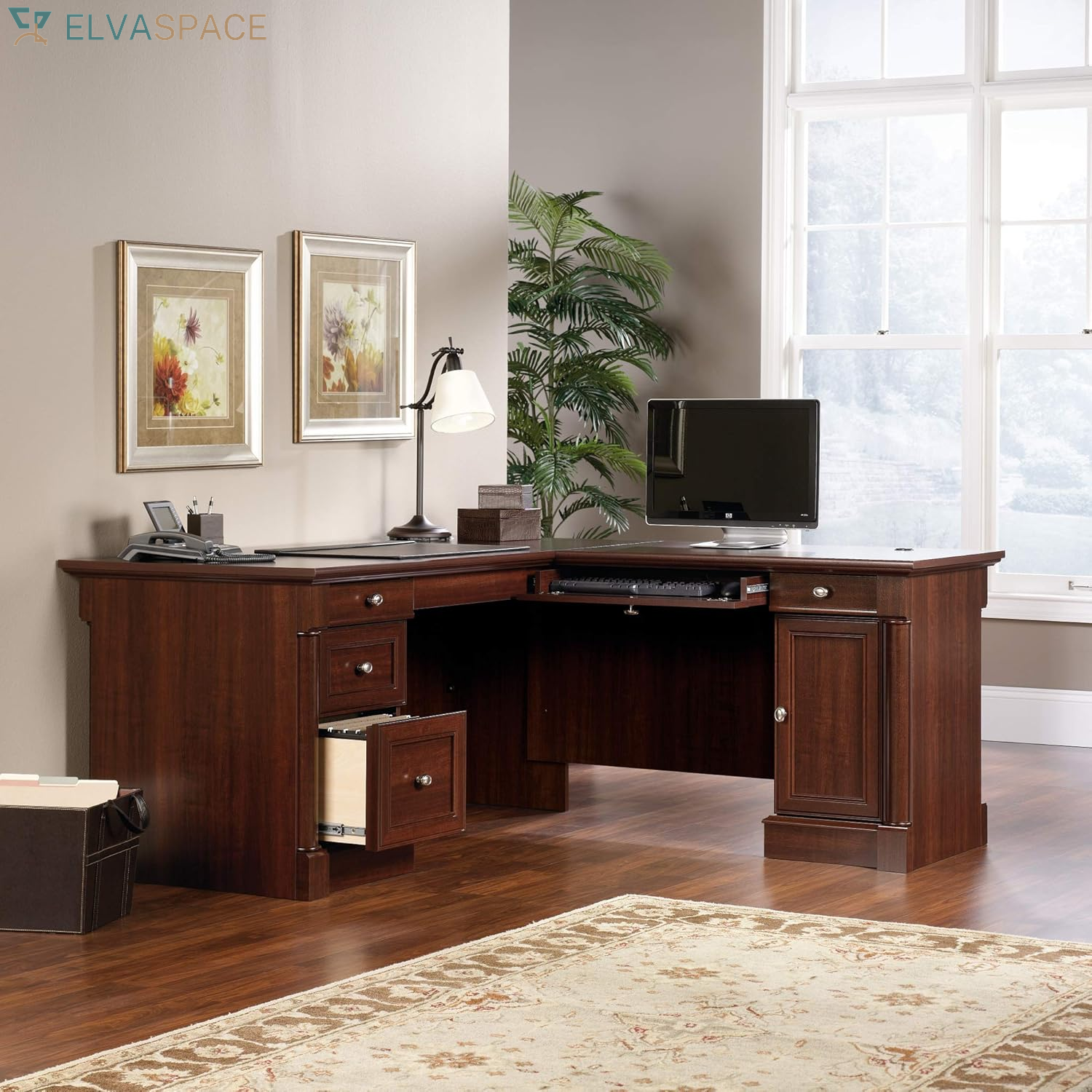 Palladia L Shaped Desk with Drawers, Office Desk with File Cabinet Storage, Cable Management, Keyboard Tray, in Select Cherry Finish