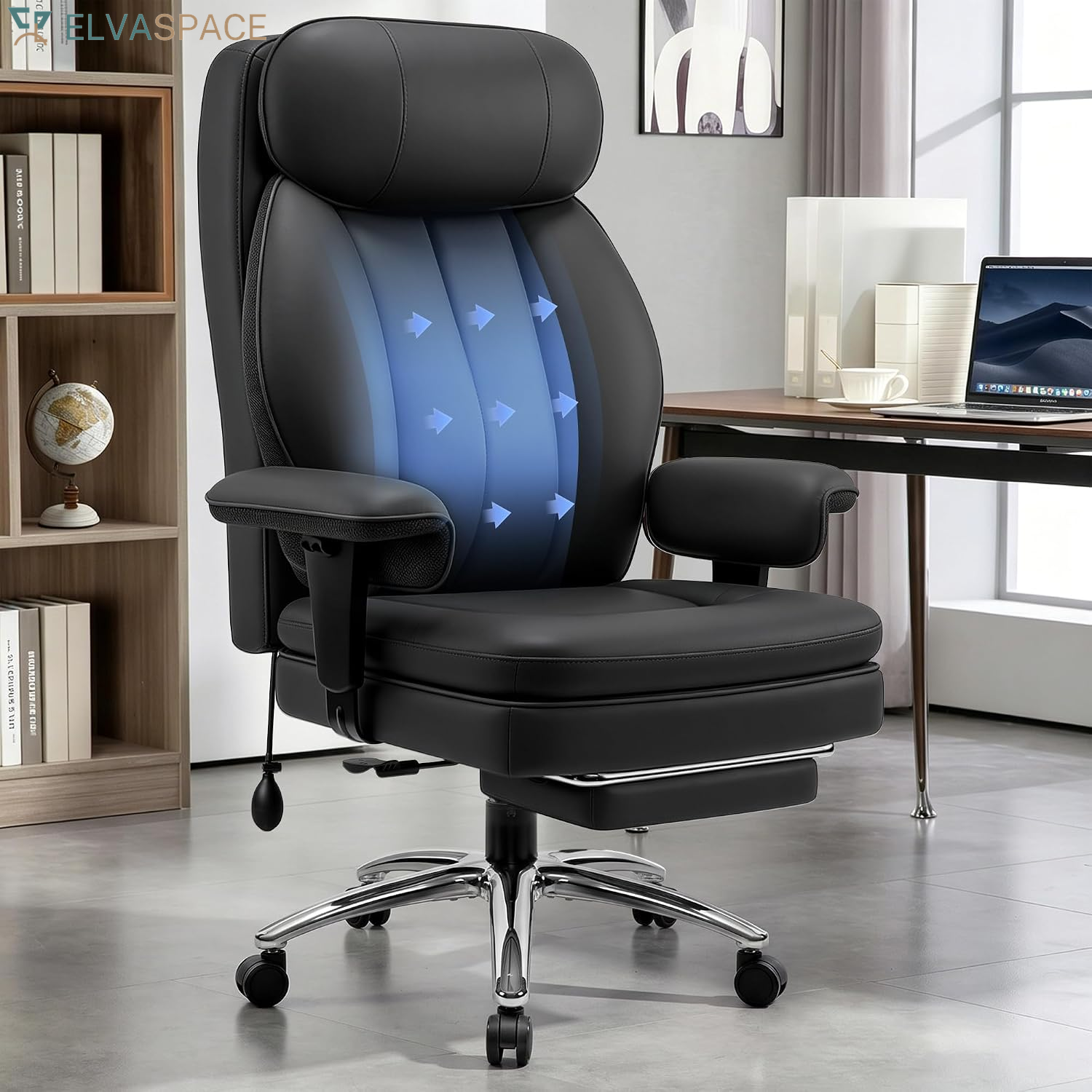 Big and Tall Office Chair with Lumbar Support, Executive Leather Computer Desk Chair, Heavy Duty Comfortable Gaming Chair with Double Layer Cushion & Footrest for Home Office Gaming