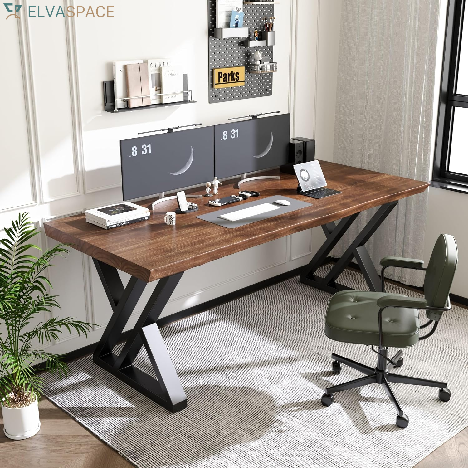 Solid Wood Desk 55 Inches, Home Office Computer Desk Wooden Rustic Writing Desk Metal Modern Simple Design Executive Real Wood Desk(Rustic Brown)