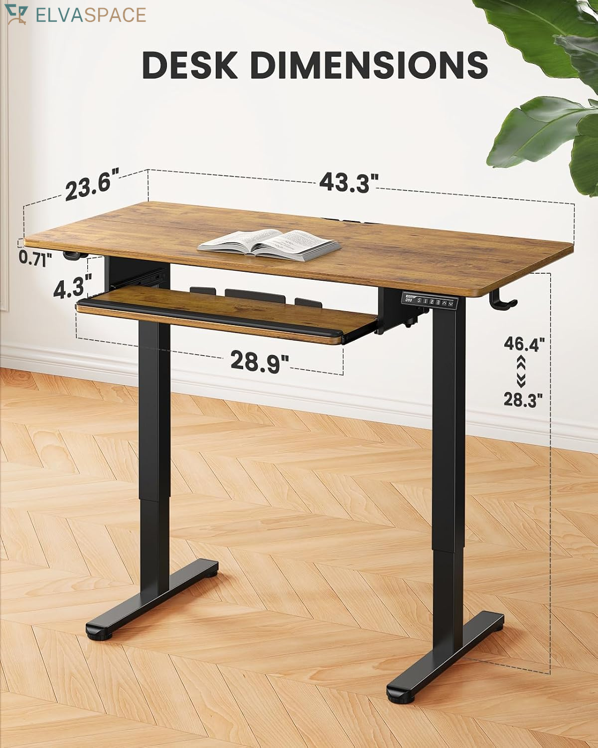 Electric Standing Desk with Keyboard Tray, 44X24, Vintage Brown