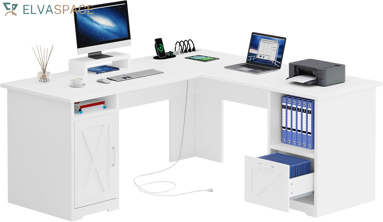 L Shaped Desk with Power Outlets | Computer Corner Desk, File Drawer, Monitor Stand & Storage Shelves, File Cabinet