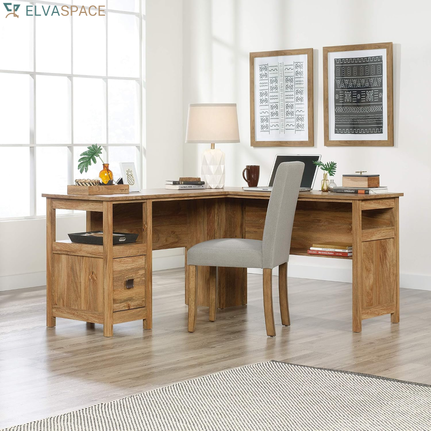 Cannery Bridge L-Shaped Office Desk with Storage Drawer and Self, in Sindoori Mango