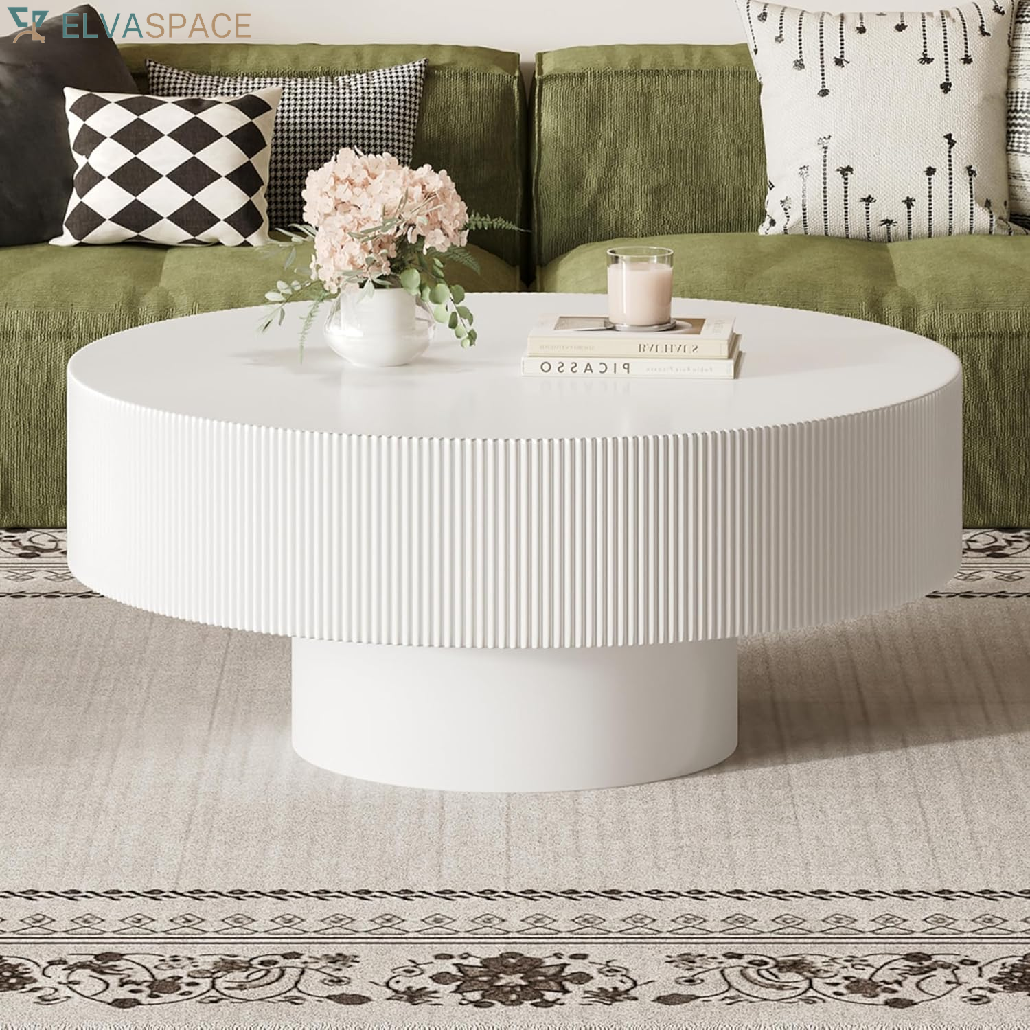 Modern round Coffee Table with Sturdy Base, White | Wood Sofa Center Table for Living Room,Office, Reception Room, Easy Assemble,