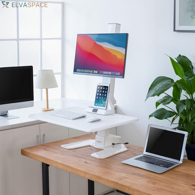 Electric Standing Desk Converter, Adjustable Tabletop Sit Stand Desk Riser with Single Monitor Mount for Monitors up to 32", Freestanding 28" Wide Platform Rises up to 20.75" White