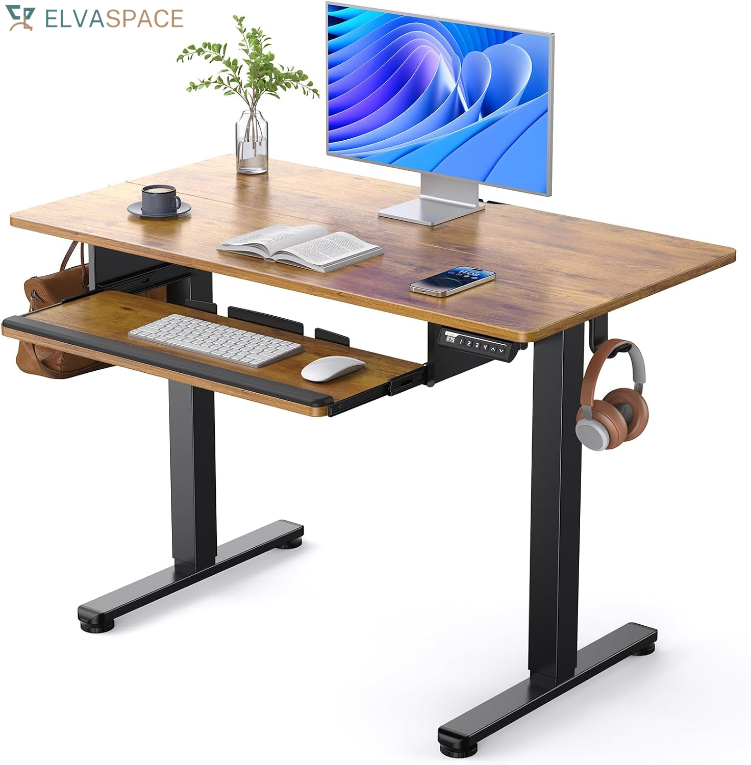 Electric Standing Desk with Keyboard Tray, 44X24, Vintage Brown