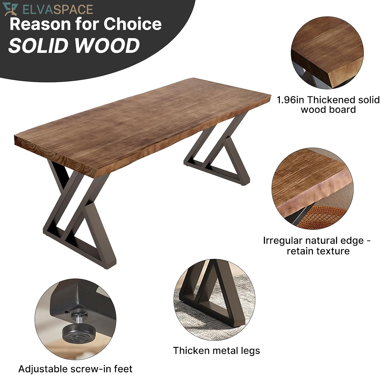 Solid Wood Desk 55 Inches, Home Office Computer Desk Wooden Rustic Writing Desk Metal Modern Simple Design Executive Real Wood Desk(Rustic Brown)