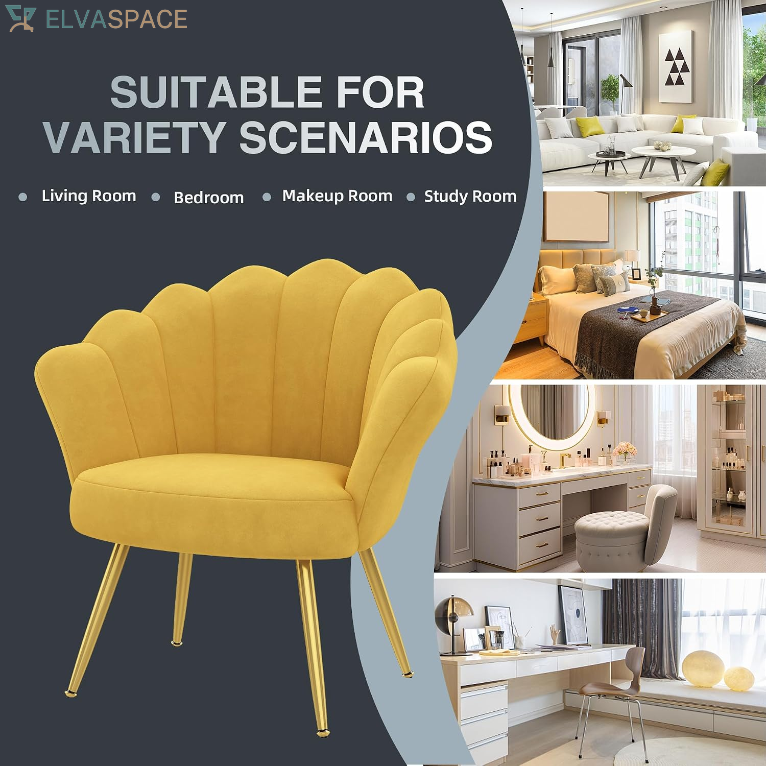 Mid Century Velvet Living Room Chair Set of 2 Accent Chairs, Upholstered Vanity Chair for Makeup Room, Modern Barrel Arm Guest Leisure Chair Comfy for Bedroom-Yellow