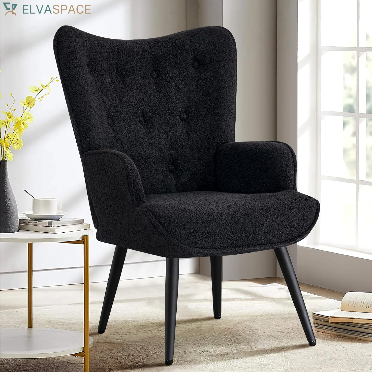 Boucle Accent Chair for Living Room, Upholstered Reading Chair with High Backrest, Tufted-Button Wingback Armchair for Bedroom, Dressing Room, Home Office, Ivory White