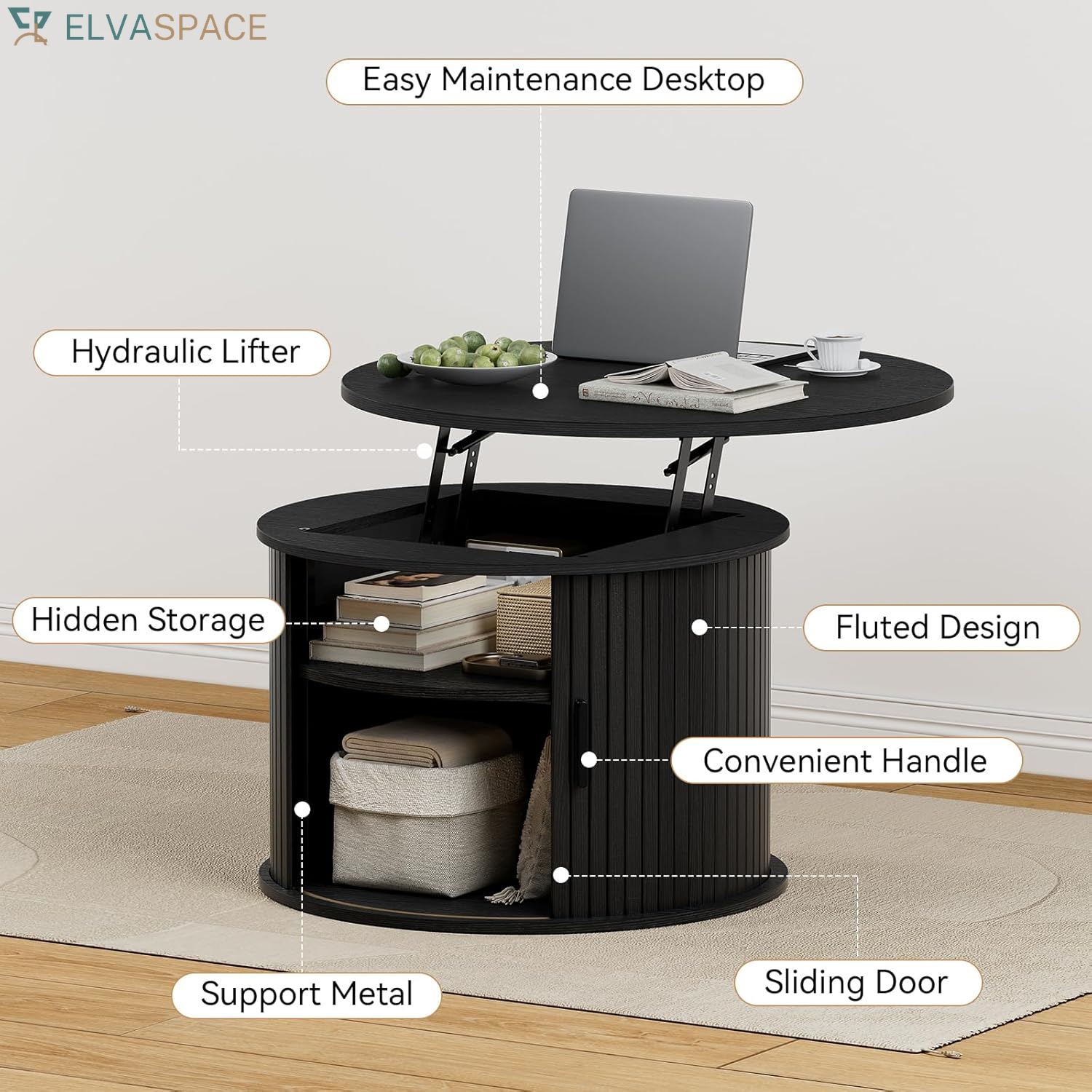 round Lift Top Coffee Table Fluted Drum Table Sliding Door, Black | Small Coffee Table with Fluted Sliding Door, Hidden Storage, Open Shelves, Small Center Table Dining Table for Living Room