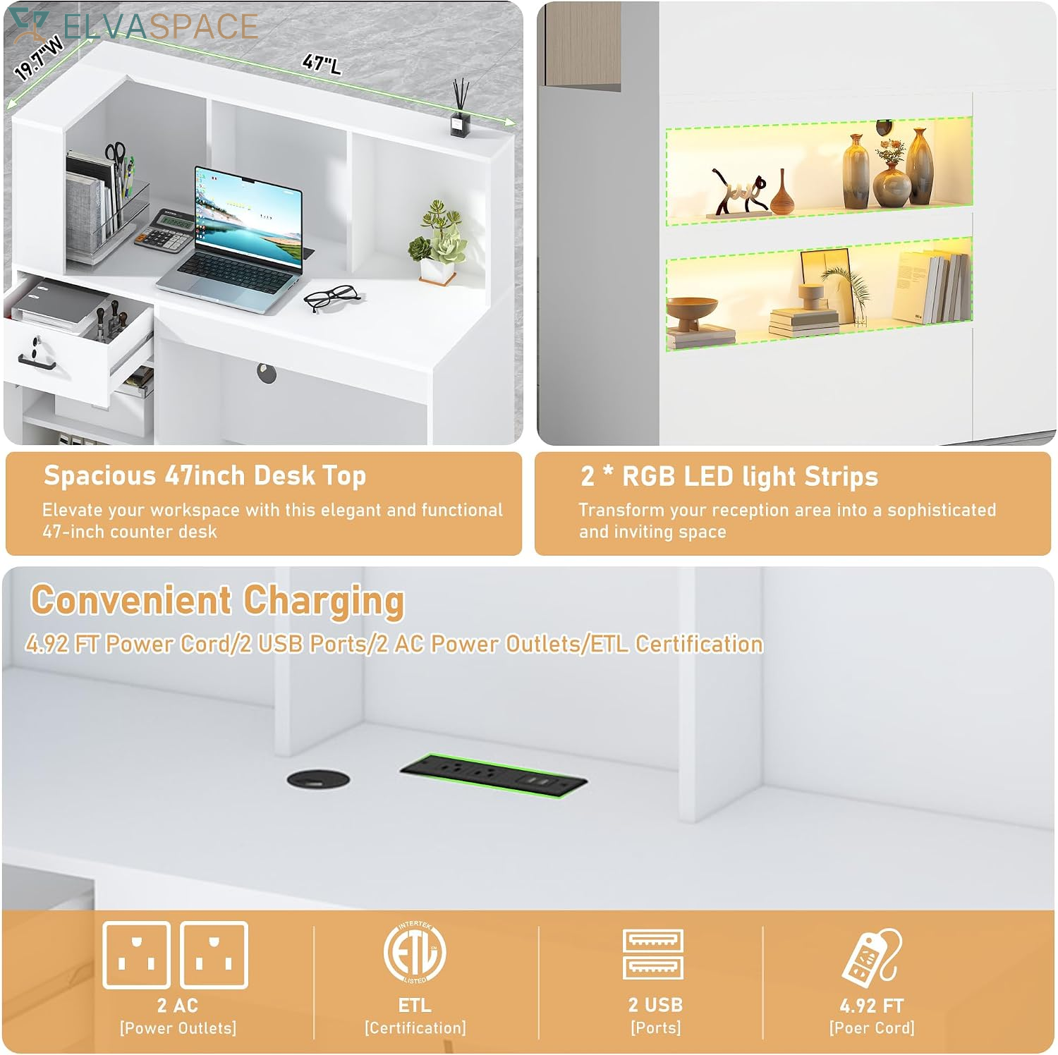 47" Reception Desk with LED Lights Power Outlets,L-Shaped Modern Front Table Reception Room Table with Cable Grommet,Lockable Drawers,Retail Checkout Counter for Lobby,Salon,Home Office Desk,White