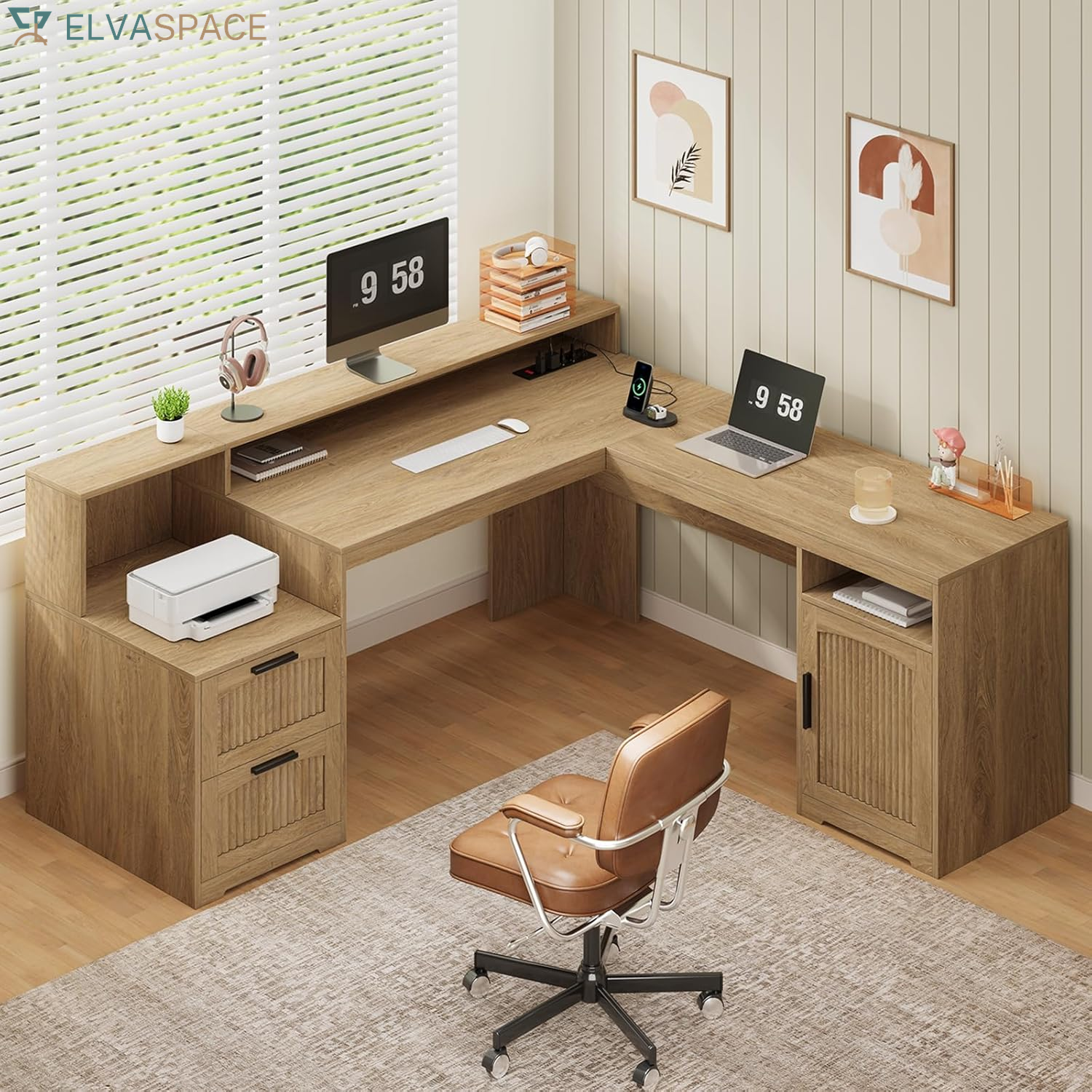 63" Farmhouse L Shaped Executive Desk with Drawers & Storage Shelf, Corner Fluted Computer Desk with Power Outlets, L Shaped Office Desk with Monitor Stand, Printer Shelf