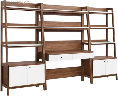3-Piece Home Office Desk and Bookshelf Display Case in Walnut White