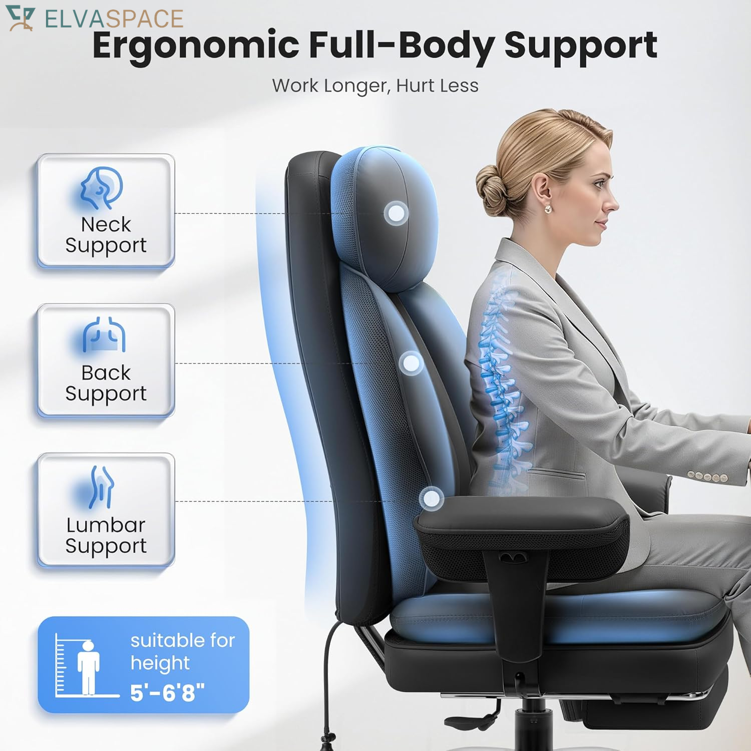 Big and Tall Office Chair with Lumbar Support, Executive Leather Computer Desk Chair, Heavy Duty Comfortable Gaming Chair with Double Layer Cushion & Footrest for Home Office Gaming