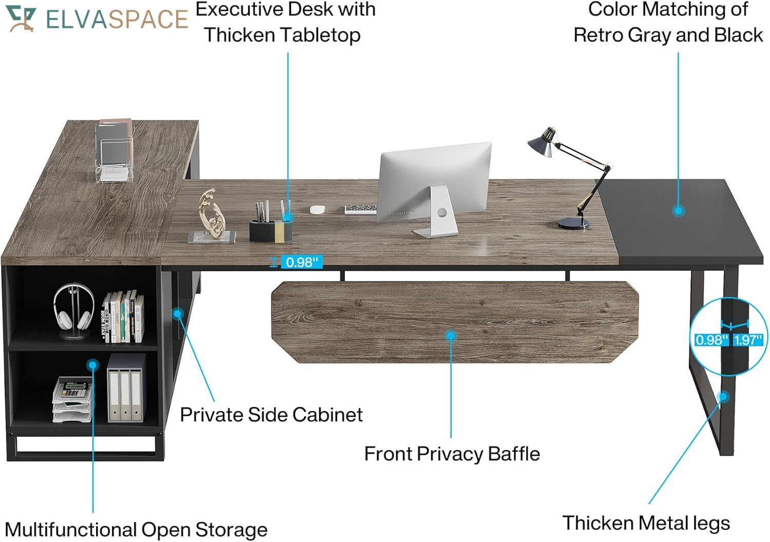 Tribesigns 70.8" Executive Desk with 55" File Cabinet, Industrial L Shaped Computer Desk with Storage Shelves and Cabinet, Large L Shaped Executive Desk for Home Office, Retro Gray & Black