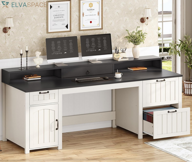 Farmhouse 63" Executive Desk, Home Office Desk with File Drawer and Monitor Stand, Computer Desk with Drawers and Storage Cabinet, Wood Desk for Work Study Writing, White