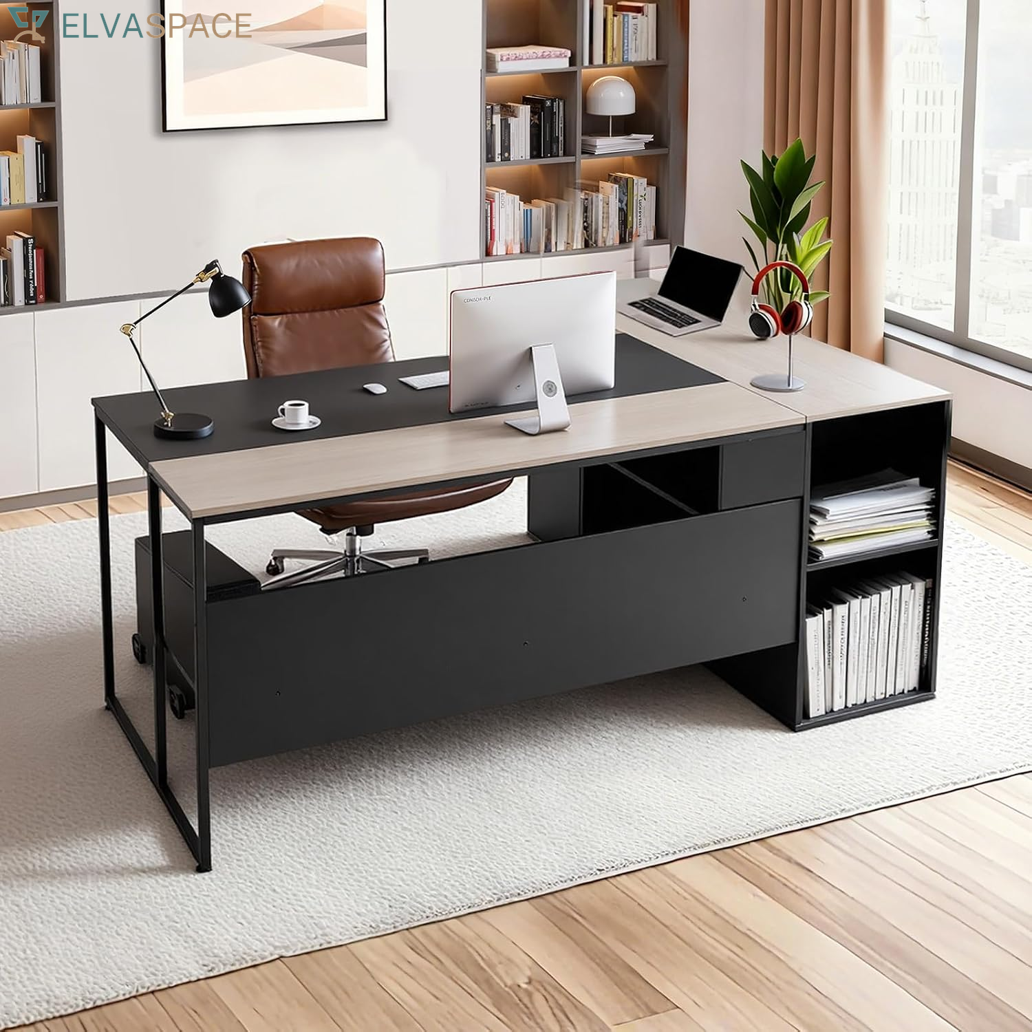 71" L-Shaped Executive Desk, Large Computer Desk with Drawers, File Storage Cabinet, CPU Stand, 350 LBS Load Capacity Corner Table, Easy Assembly, for Work Study