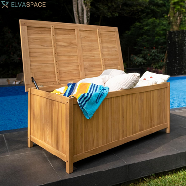 Arie 60-Inch Teak Outdoor Deck Storage Box Chest, Weather-Resistant Patio Organizer with Soft-Close Lid for Pool, Garden & Backyard, 119 Gallons Outdoor Storage Box