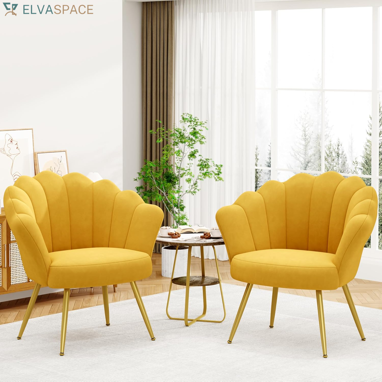 Mid Century Velvet Living Room Chair Set of 2 Accent Chairs, Upholstered Vanity Chair for Makeup Room, Modern Barrel Arm Guest Leisure Chair Comfy for Bedroom-Yellow