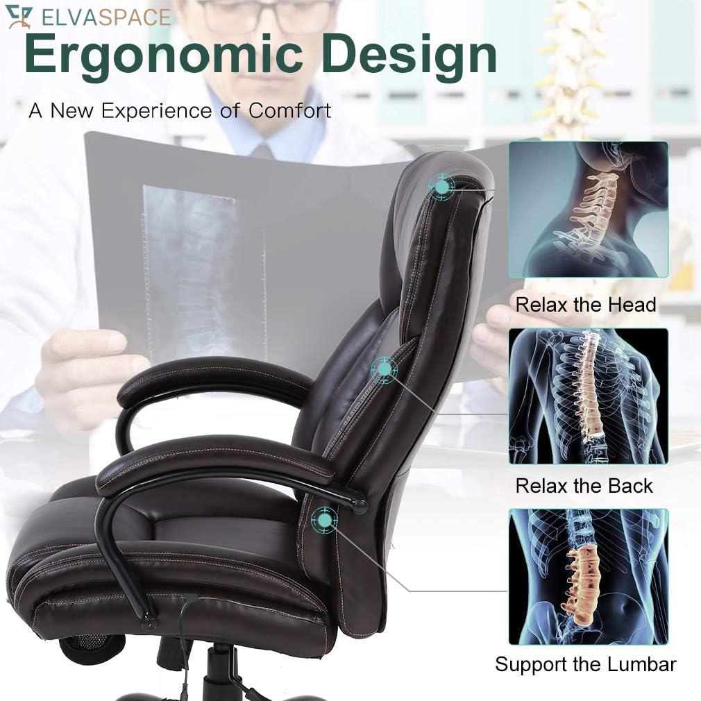 Big and Tall Office Chair 500Lb Wide Seat Massage Desk Chair Ergonomic Computer Chair with Headrest Lumbar Support Armrest Rolling Swivel Chair Adjustable PU Leather Task Chair for Adults Women(Brown)