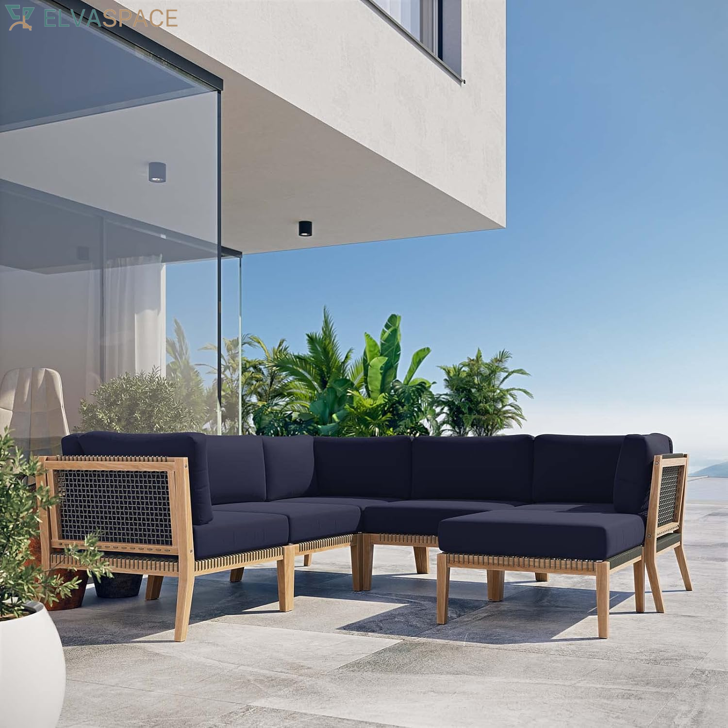 Clearwater Outdoor Patio Teak Wood 6-Piece Sectional Sofa in Gray Graphite