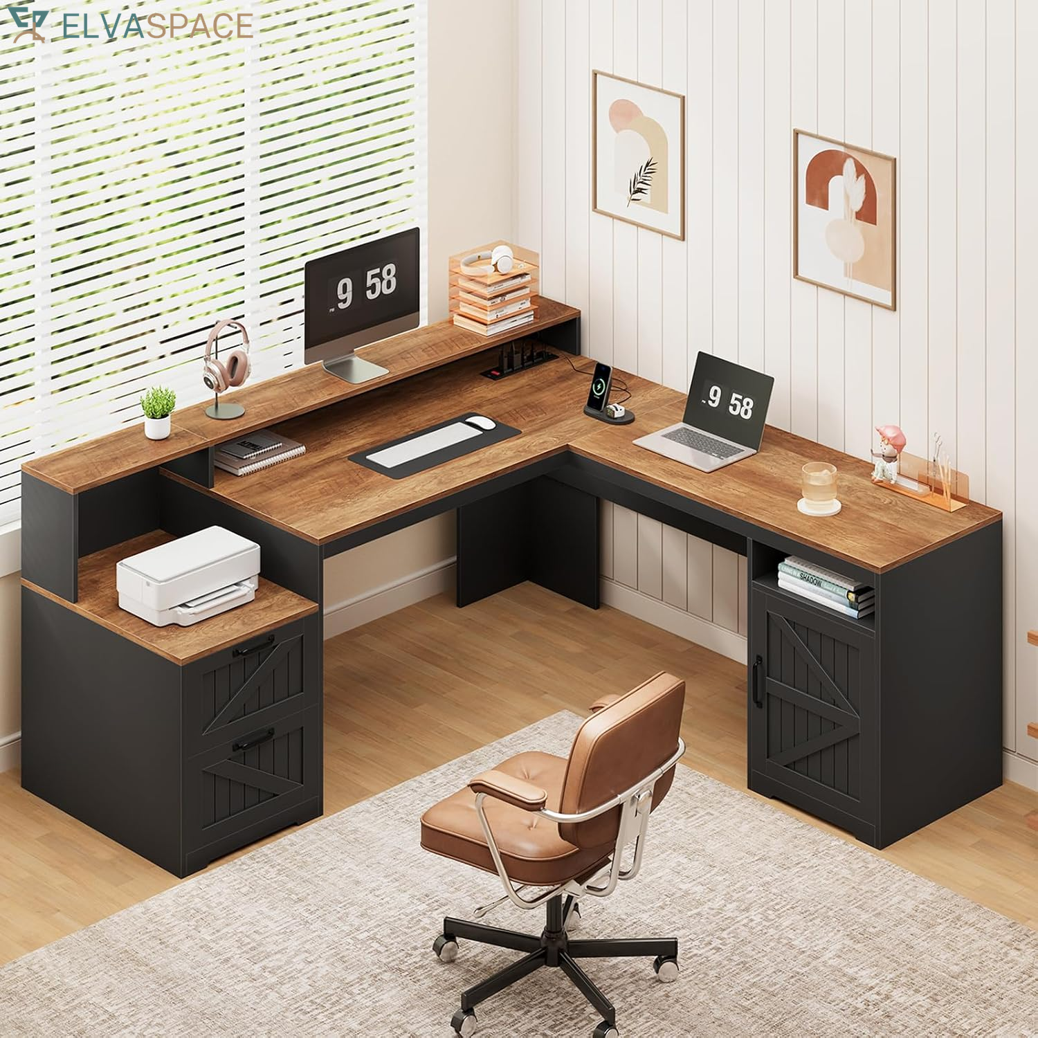 63" Farmhouse L Shaped Executive Desk with Drawers & Storage Shelf, Corner Fluted Computer Desk with Power Outlets, L Shaped Office Desk with Monitor Stand, Printer Shelf