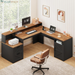 63" Farmhouse L Shaped Executive Desk with Drawers & Storage Shelf, Corner Fluted Computer Desk with Power Outlets, L Shaped Office Desk with Monitor Stand, Printer Shelf