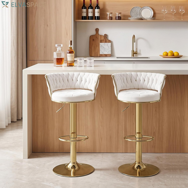 Bar Stools Set of 2, Adjustable Barstools Counter Height Stools with Back and Arm, Velvet Woven Kitchen Island Stools W/Gold Metal Leg & Base, 360° Swivel Bar Chair for Pubs Dining Room, White