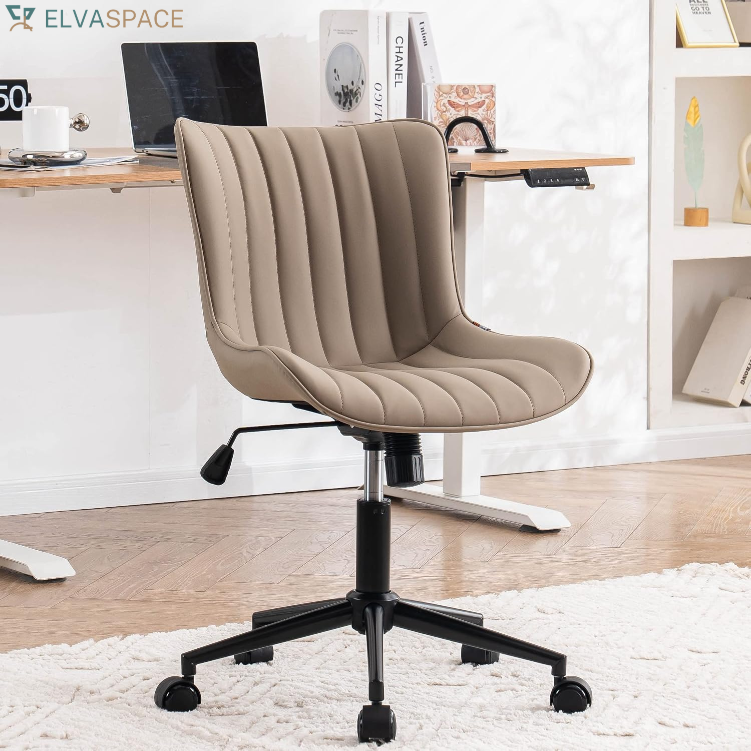 Green Office Desk Chair with Wheels Armless Vanity Chair Modern | Faux Leather Upholstered with Rocking Back, Swivel Height Adjustable Small Cute Computer Rolling Task Chair Ergonomic 300Lb