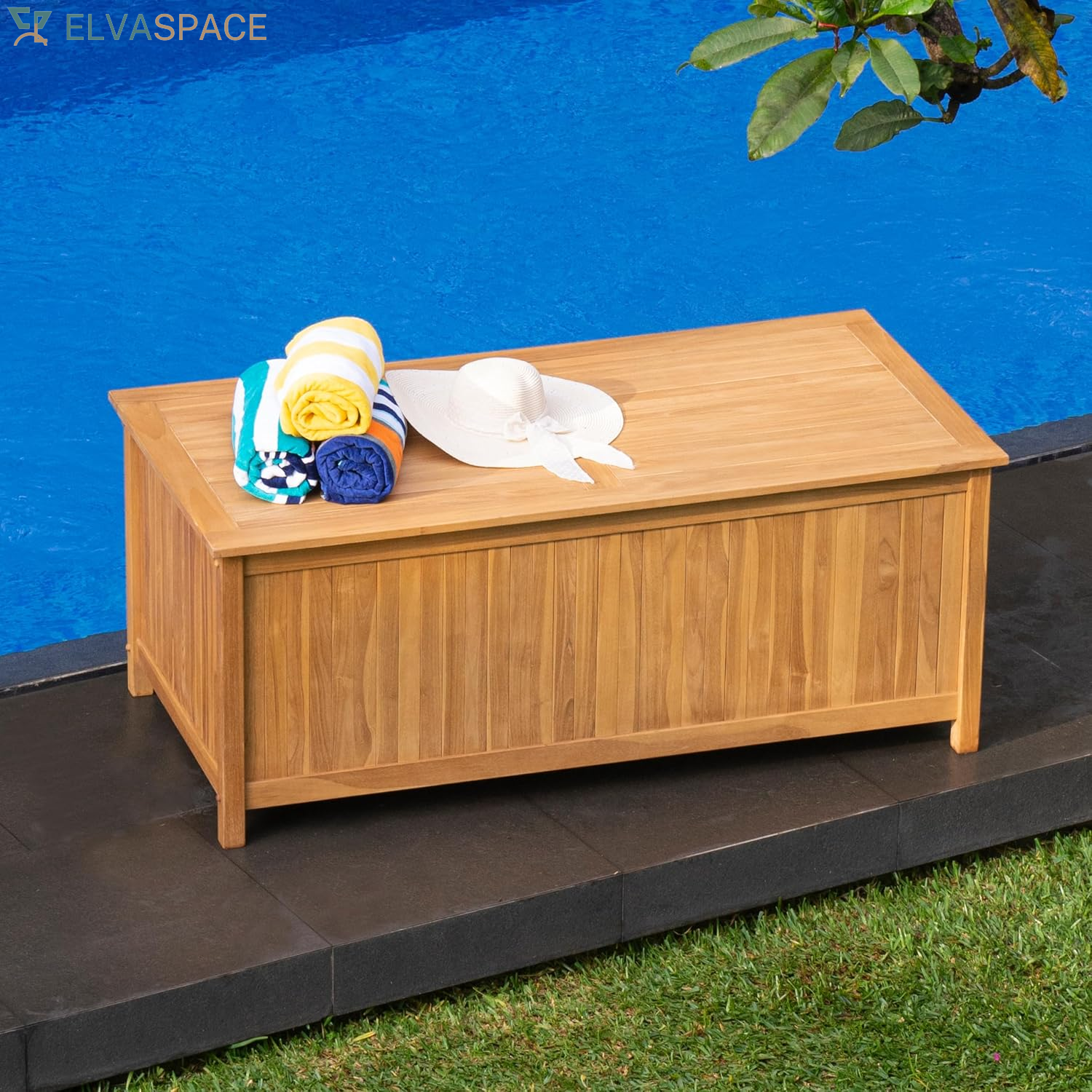 Arie 60-Inch Teak Outdoor Deck Storage Box Chest, Weather-Resistant Patio Organizer with Soft-Close Lid for Pool, Garden & Backyard, 119 Gallons Outdoor Storage Box