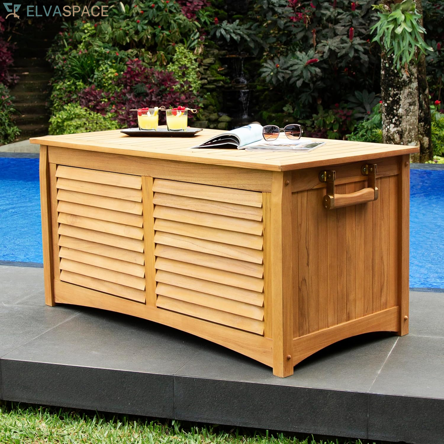 Arie 60-Inch Teak Outdoor Deck Storage Box Chest, Weather-Resistant Patio Organizer with Soft-Close Lid for Pool, Garden & Backyard, 119 Gallons Outdoor Storage Box