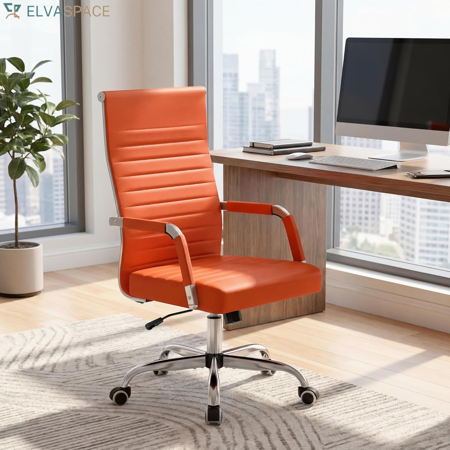 Ergonomic Office Desk Chair, Executive Ribbed Mid-Back PU Leather Conference Room Chair Adjustable Swivel Chair with Arms (1, Orange)