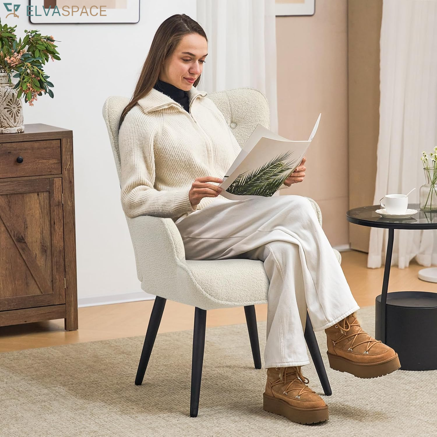 Boucle Accent Chair for Living Room, Upholstered Reading Chair with High Backrest, Tufted-Button Wingback Armchair for Bedroom, Dressing Room, Home Office, Ivory White