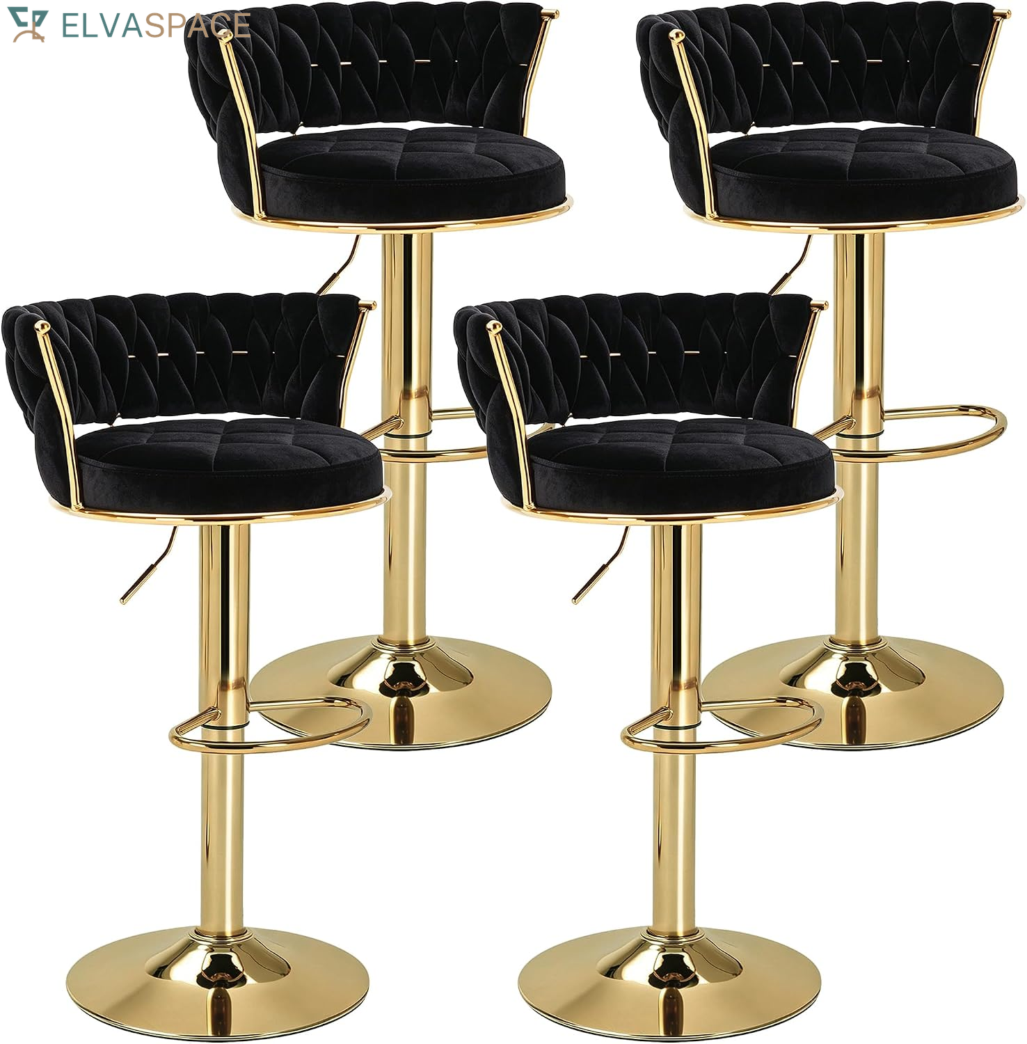Bar Stools Set of 2, Adjustable Barstools Counter Height Stools with Back and Arm, Velvet Woven Kitchen Island Stools W/Gold Metal Leg & Base, 360° Swivel Bar Chair for Pubs Dining Room, White