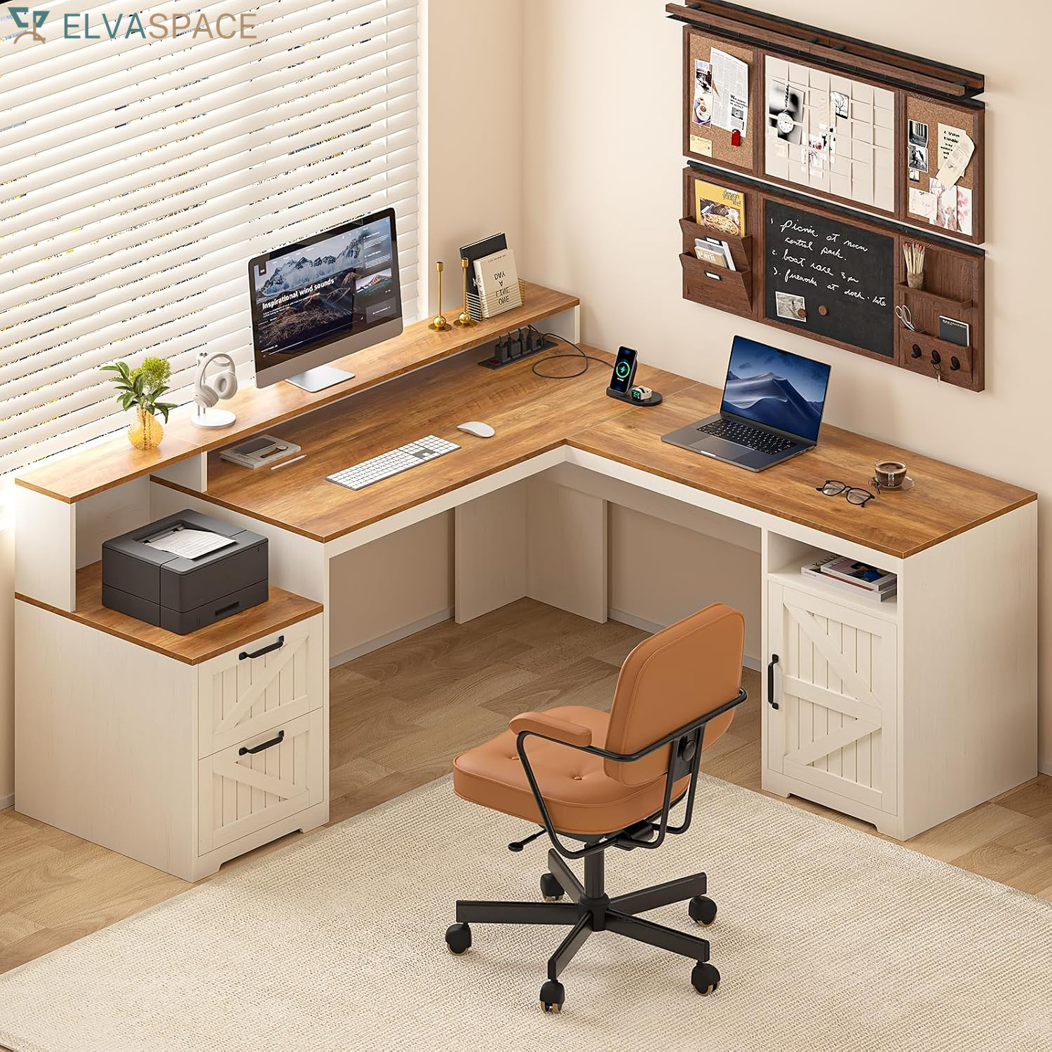 63" Farmhouse L Shaped Executive Desk with Drawers & Storage Shelf, Corner Fluted Computer Desk with Power Outlets, L Shaped Office Desk with Monitor Stand, Printer Shelf