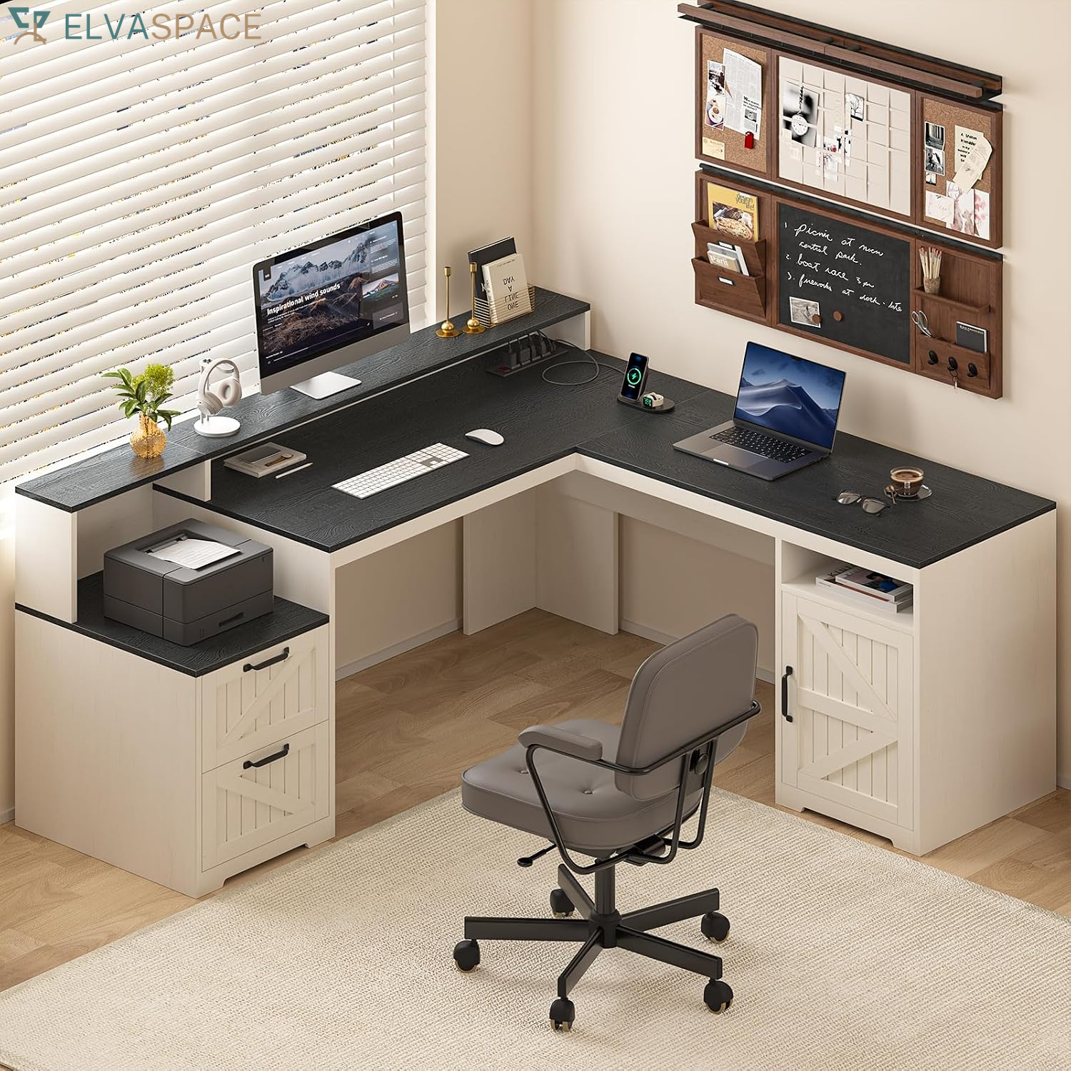 63" Farmhouse L Shaped Executive Desk with Drawers & Storage Shelf, Corner Fluted Computer Desk with Power Outlets, L Shaped Office Desk with Monitor Stand, Printer Shelf