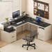 63" Farmhouse L Shaped Executive Desk with Drawers & Storage Shelf, Corner Fluted Computer Desk with Power Outlets, L Shaped Office Desk with Monitor Stand, Printer Shelf