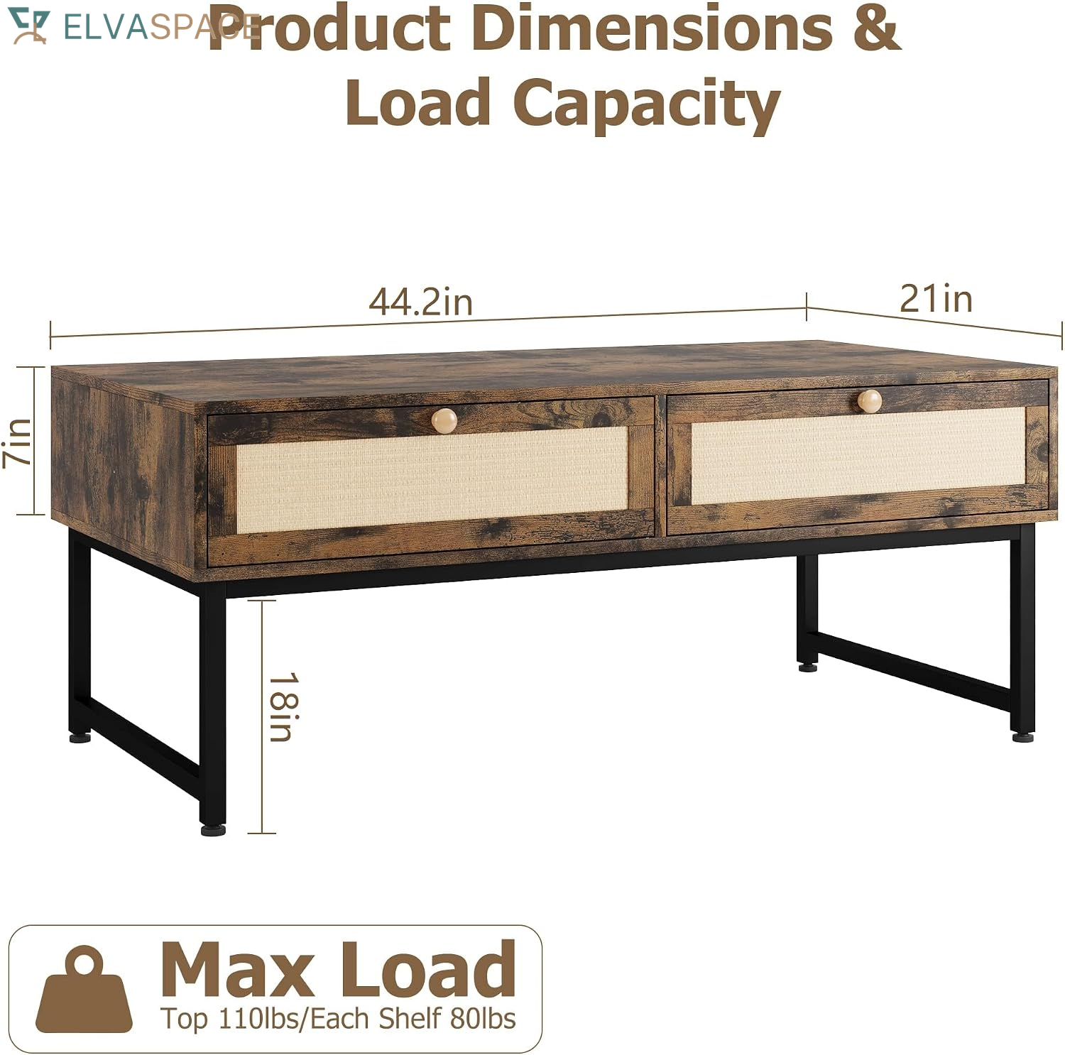 46" Rattan Coffee Table with Metal Frame, Center Rectangular Tables with 2 Drawers, Wooden Small Media Table for Home Living Room, Brown