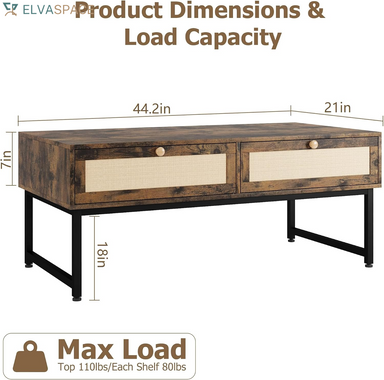 46" Rattan Coffee Table with Metal Frame, Center Rectangular Tables with 2 Drawers, Wooden Small Media Table for Home Living Room, Brown