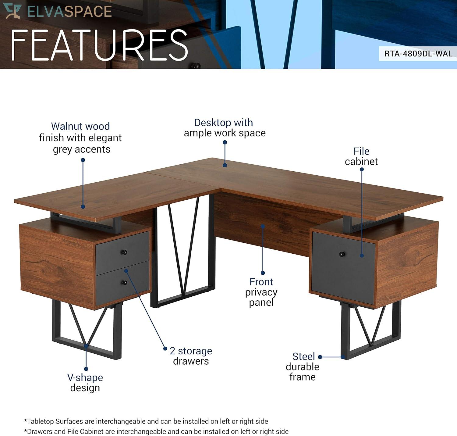 Reversible L-Shaped Computer Desk with File Cabinet, Brown | Drawers, Ideal for Home Office, Workspace Organization, Modern Design, Everyday Use