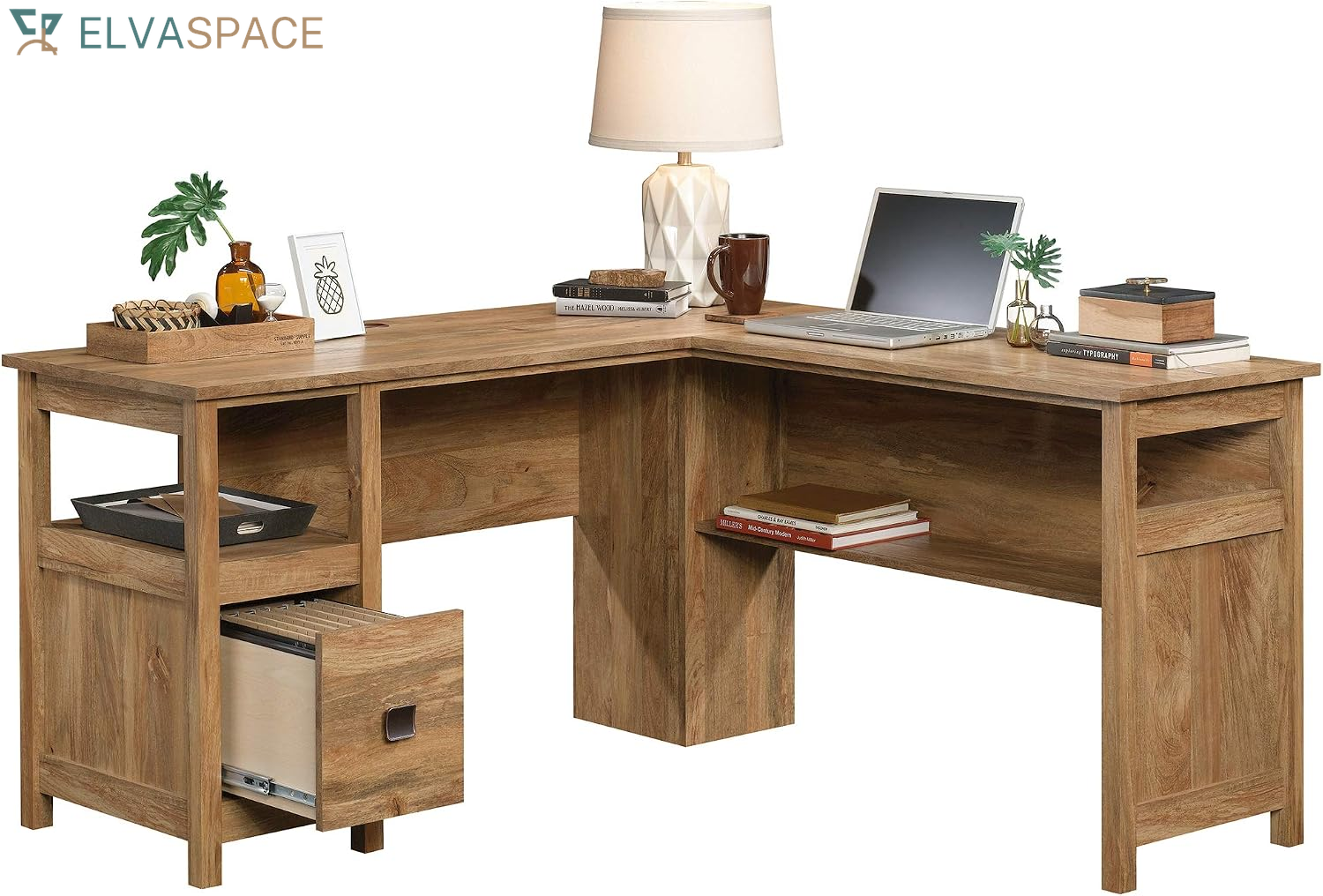 Cannery Bridge L-Shaped Office Desk with Storage Drawer and Self, in Sindoori Mango