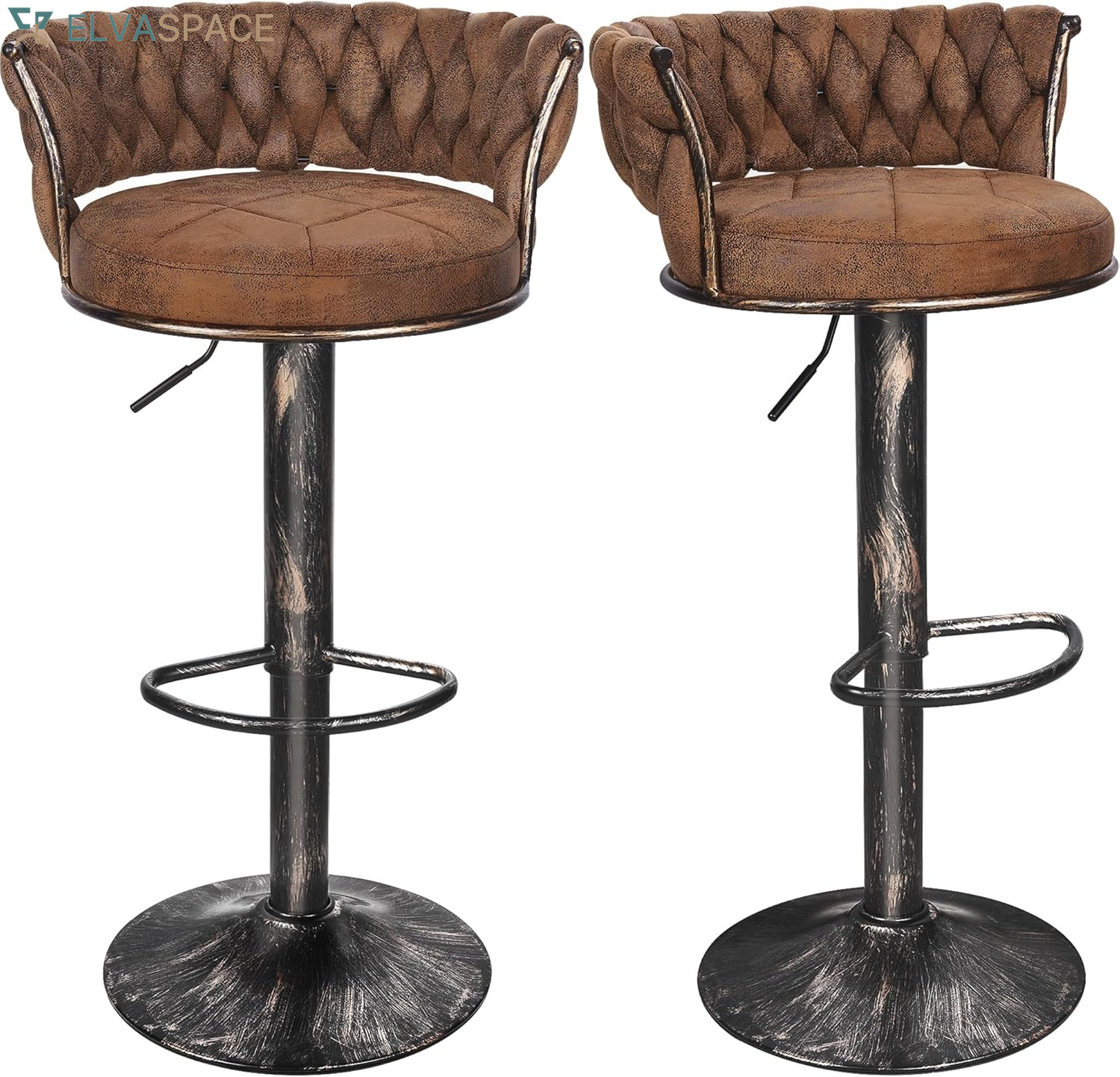 Bar Stools Set of 2, Adjustable Barstools Counter Height Stools with Back and Arm, Velvet Woven Kitchen Island Stools W/Gold Metal Leg & Base, 360° Swivel Bar Chair for Pubs Dining Room, White