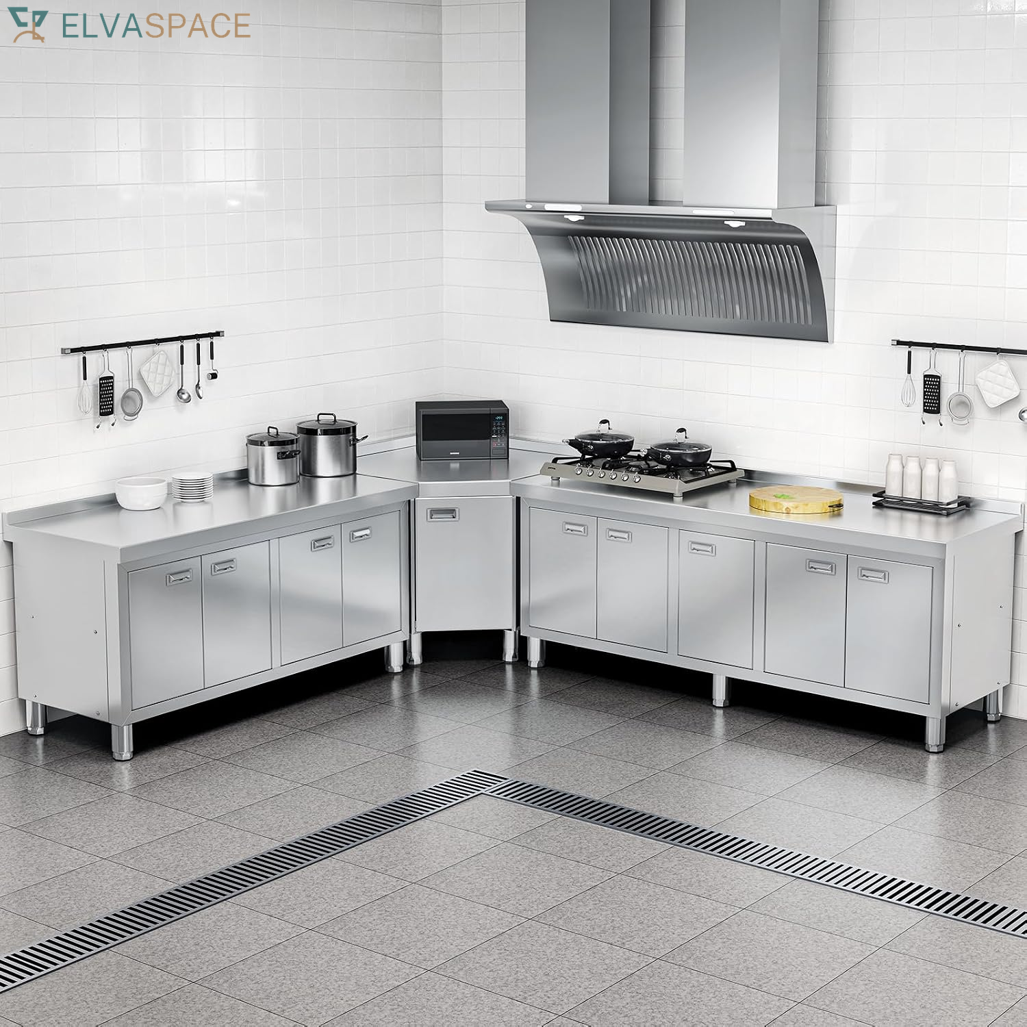 59" X 21" Stainless Steel Prep Table with Cabinet, Commercial Kitchen Table for Prep & Work, Heavy Duty Work Table with 4 Doors for Kitchen, Restaurant, Hotel, Garage and Cafe