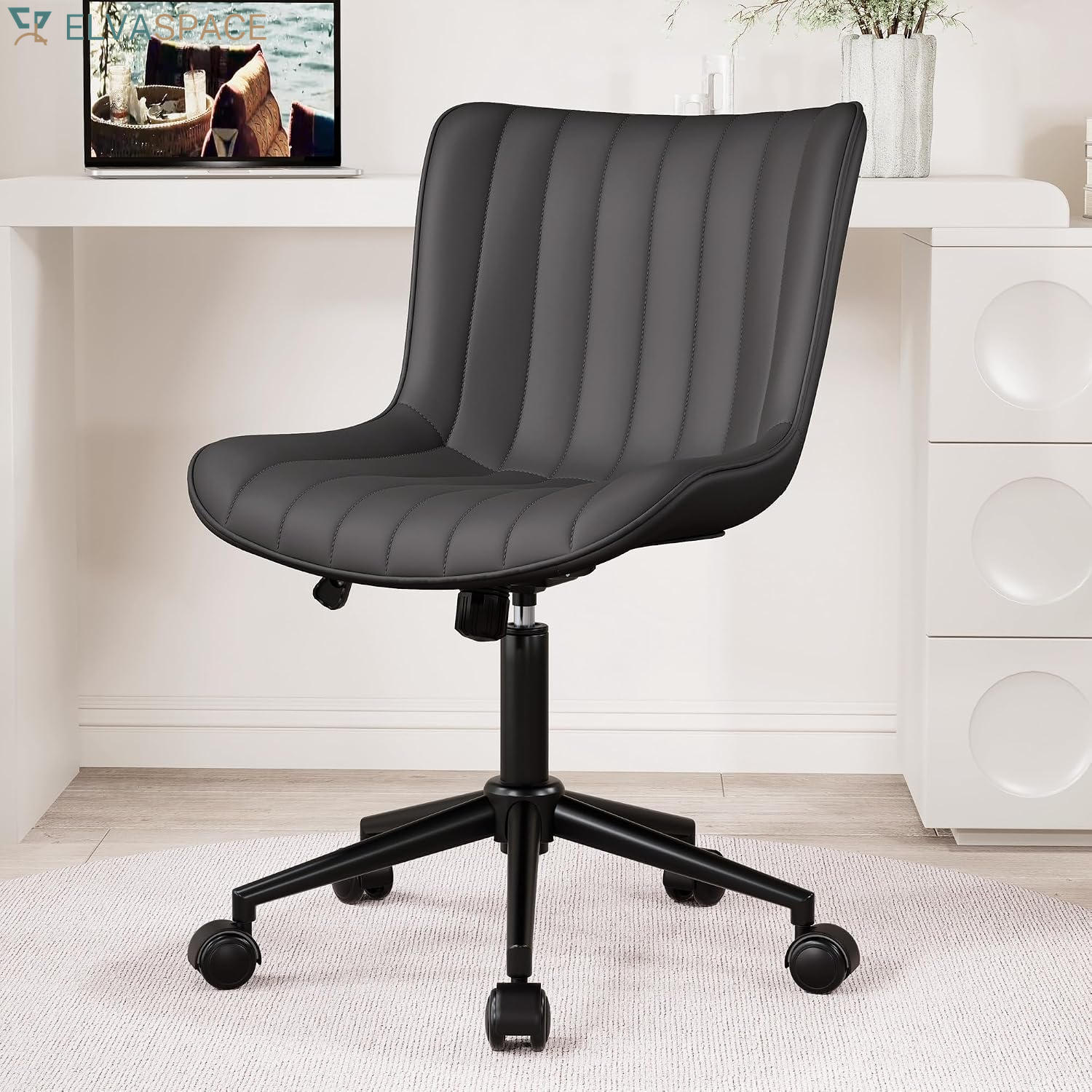 Green Office Desk Chair with Wheels Armless Vanity Chair Modern | Faux Leather Upholstered with Rocking Back, Swivel Height Adjustable Small Cute Computer Rolling Task Chair Ergonomic 300Lb