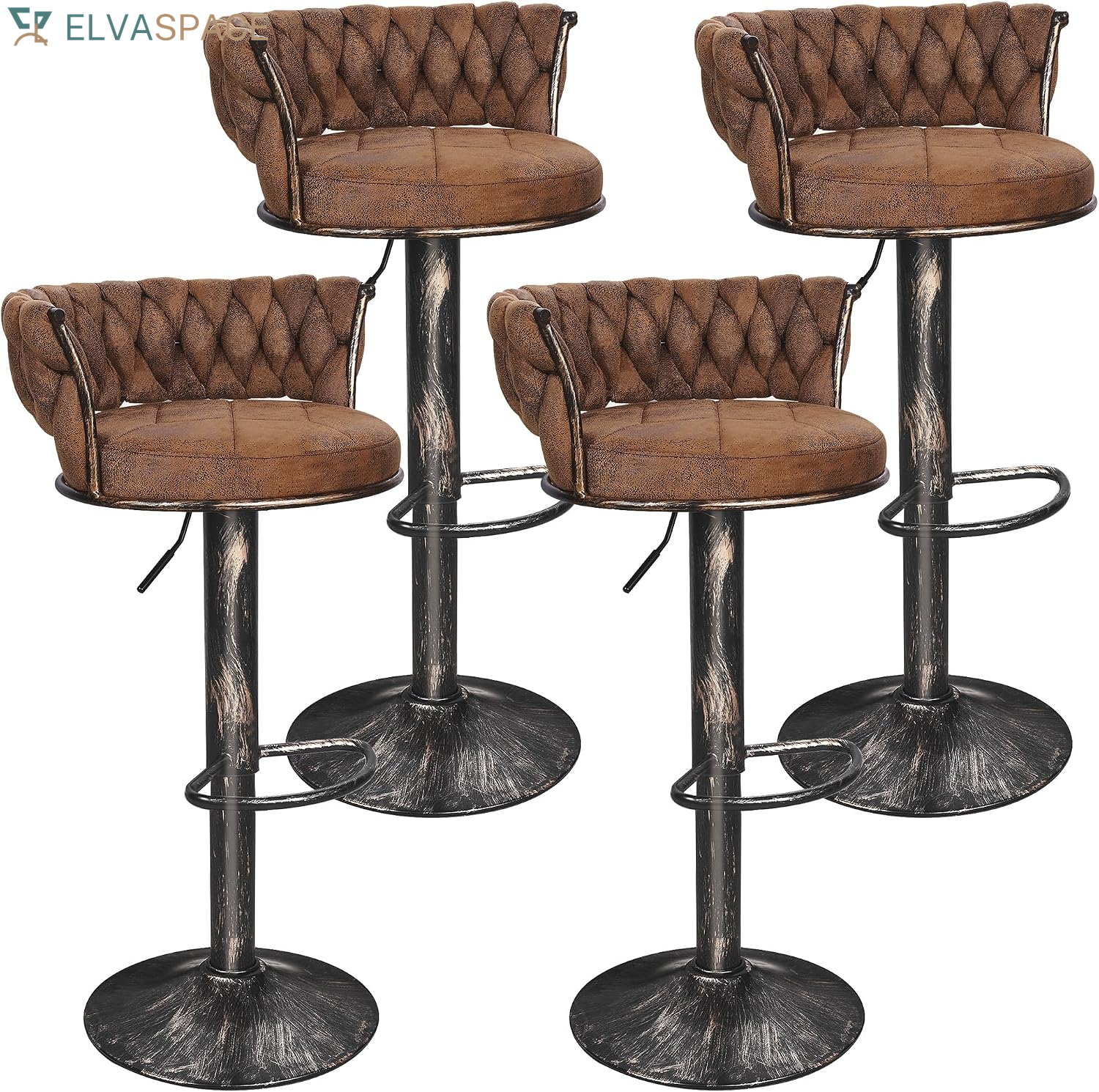 Bar Stools Set of 2, Adjustable Barstools Counter Height Stools with Back and Arm, Velvet Woven Kitchen Island Stools W/Gold Metal Leg & Base, 360° Swivel Bar Chair for Pubs Dining Room, White