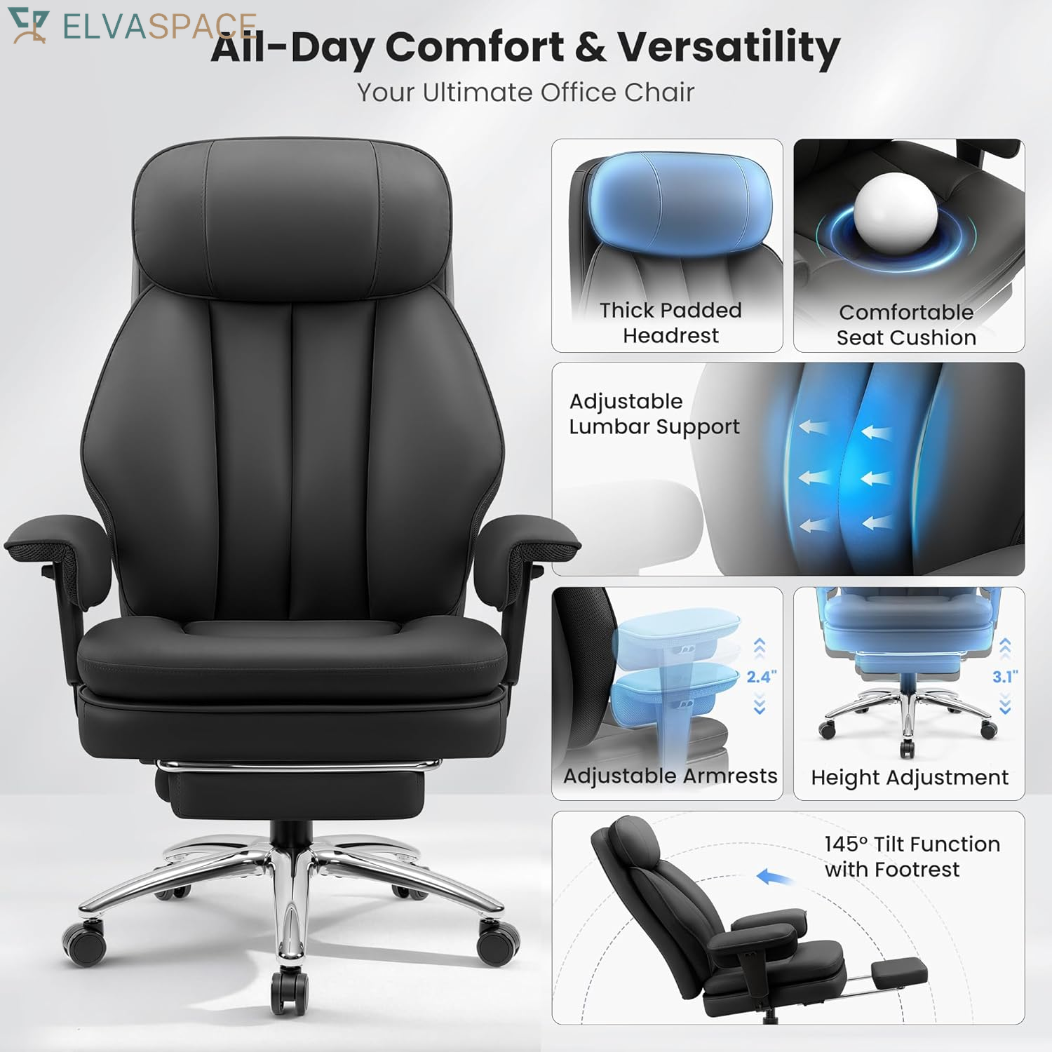 Big and Tall Office Chair with Lumbar Support, Executive Leather Computer Desk Chair, Heavy Duty Comfortable Gaming Chair with Double Layer Cushion & Footrest for Home Office Gaming
