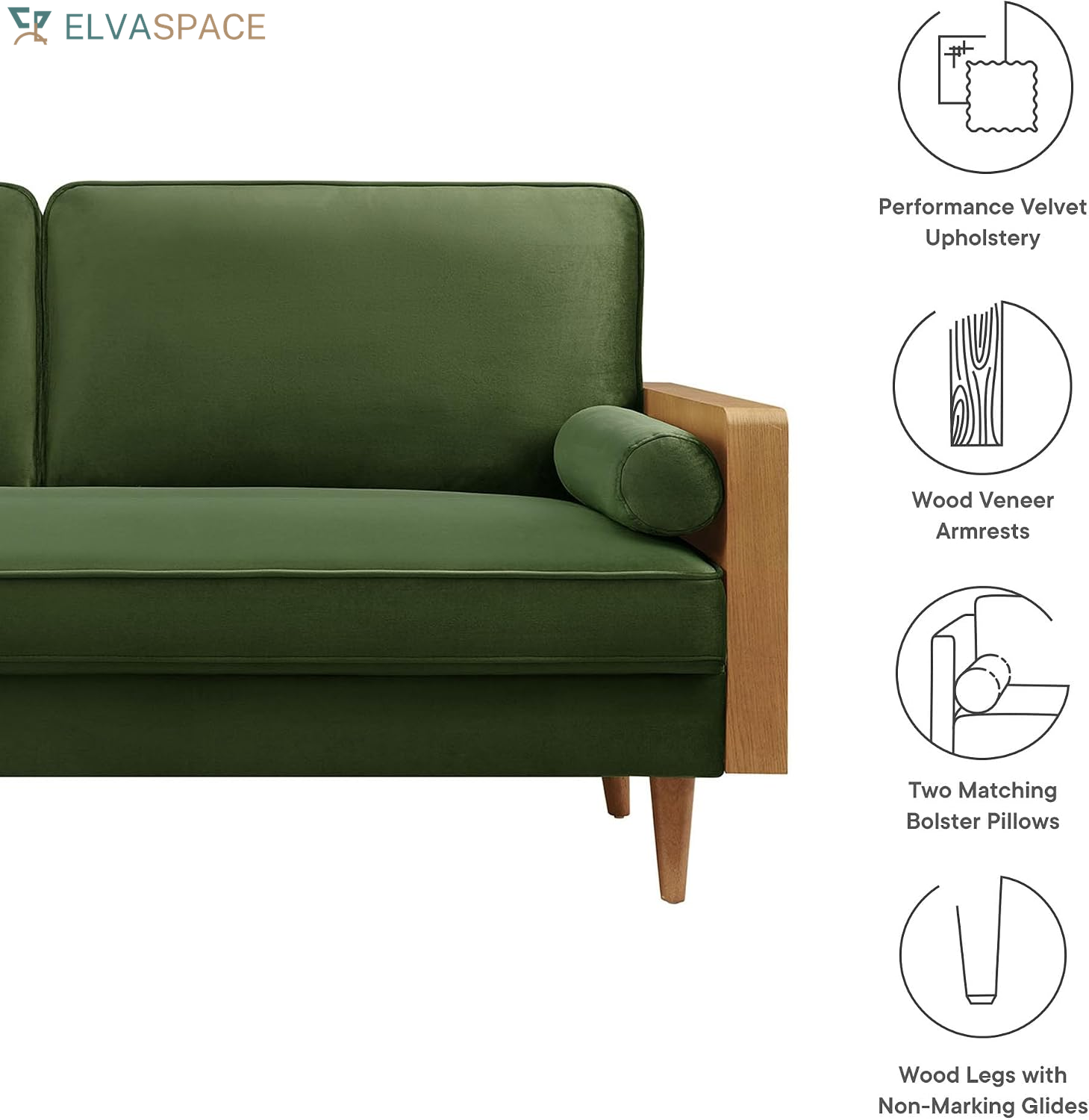 Kellan 72 Inch Velvet Sofa in Walnut Moss Green