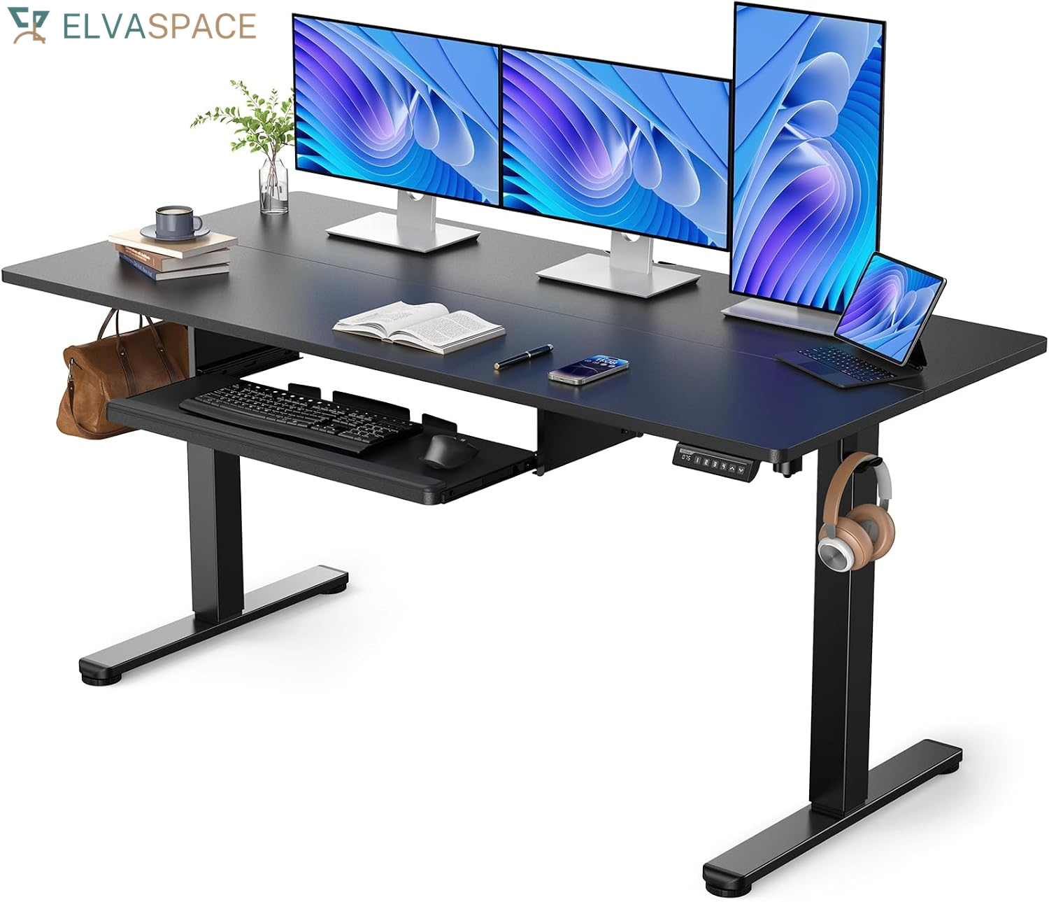 Electric Standing Desk with Keyboard Tray, 44X24, Vintage Brown