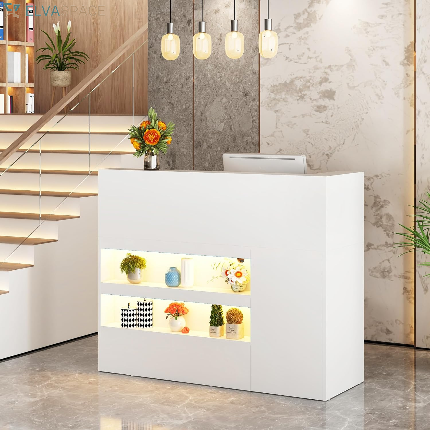 47" Reception Desk with LED Lights Power Outlets,L-Shaped Modern Front Table Reception Room Table with Cable Grommet,Lockable Drawers,Retail Checkout Counter for Lobby,Salon,Home Office Desk,White